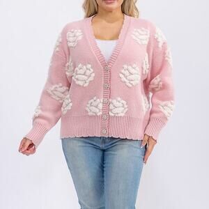 AndTheWhy Long Sleeve Button Cardigan with Flower detail - Plus 1X/2X, & 2X/3X
